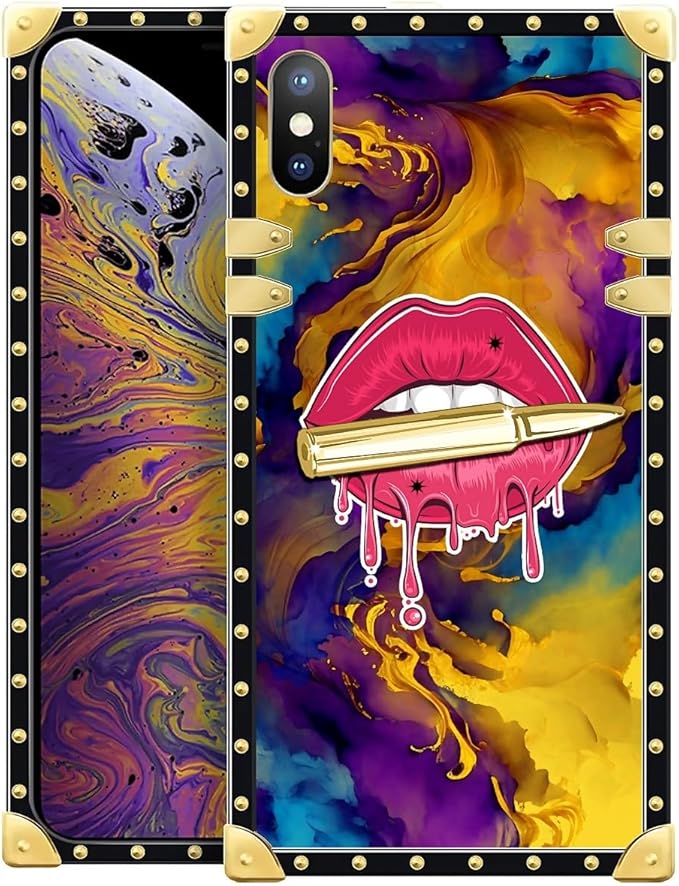 Compatible with iPhone Xs Max Case, Cool Corlorful Lip Marble Luxury Golden Decoration for Girl Women Soft TPU Shockproof Protective Hard PC Back for iPhone Xs Max