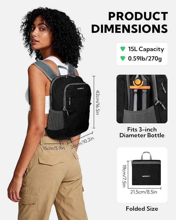 WATERFLY Packable Lightweight Small Backpack: 15L Foldable Mini Hiking Daypack - Ultralight Compact Day Pack for Women Men Outdoor Travel Camping Walking - Black