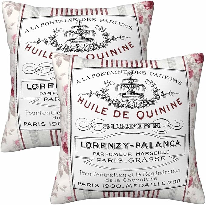 Huile De Quinine Vintage French 18 X 18 Pillow Covers Elegance Fountain Pink Rose Wreath Floral Striped Set of 2 Pillow Cases Square Outdoor Pillowcases Decorative Home Bed Sofa Couch Hotel