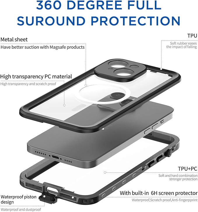 AICase for iPhone 14 Plus Case Waterproof, Compatible with Magsafe Magnetic Protective Phone Case, Water Proof Mag Safe Magnet Shockproof Full Body Clear with Screen Protector
