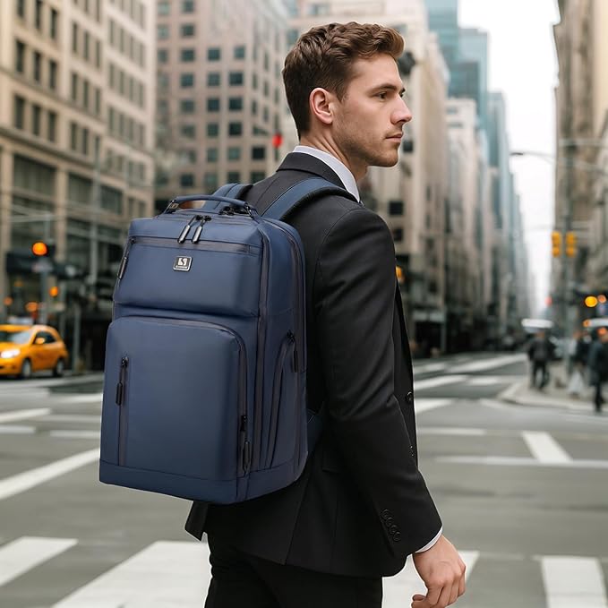 Expandable Business Backpack with 17" Laptop Compartment - Waterproof, Airline Approved, 33L-42L Capacity, for Work & Travel, Blue