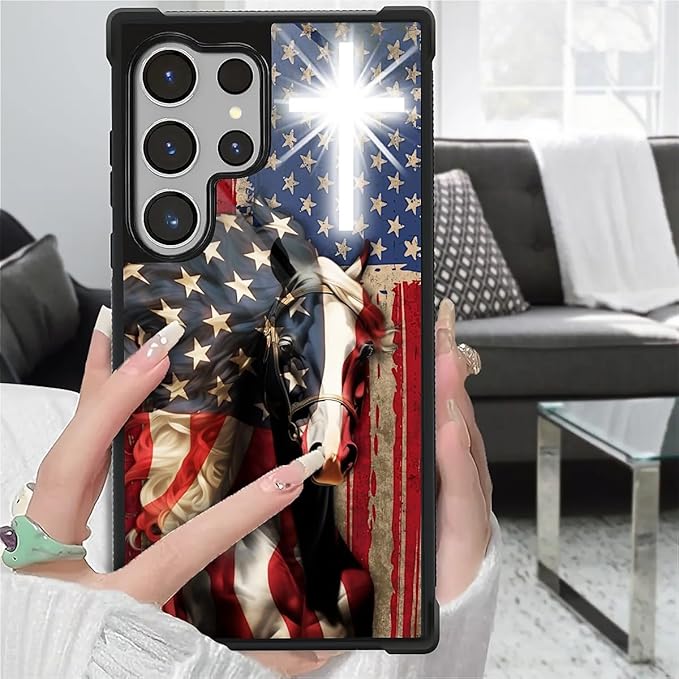 for Samsung Galaxy S26 Ultra Case,Graphic Design for Girl Boy Soft Silicone Hard Acrylic Shock Protection Designed for Samsung Galaxy S26 Ultra Red American Flag Horse Cross Pattern