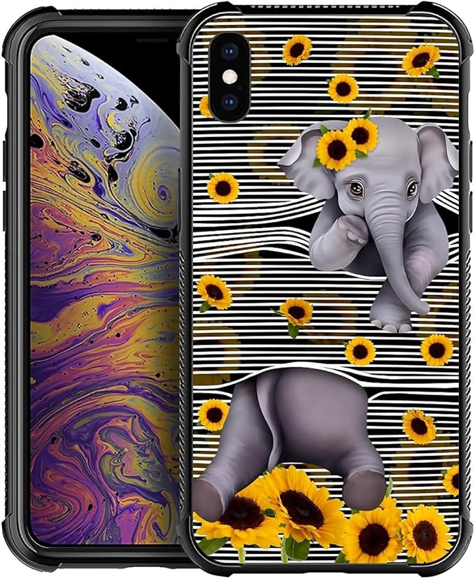 for iPhone X/Xs Case, Cute Little Elephant Sunflower White Line Art Pattern Made of Soft Silicone Hard Acrylic Shock Protection for iPhone X/Xs