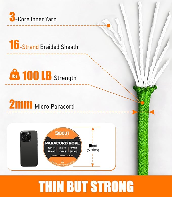 DDOUT 2mm Paracord 100lb, Thin Micro Paracord Rope, FLGreen 250FT Nylon Cord for Crafting, DIY Projects, Fishing, Camping & Outdoor
