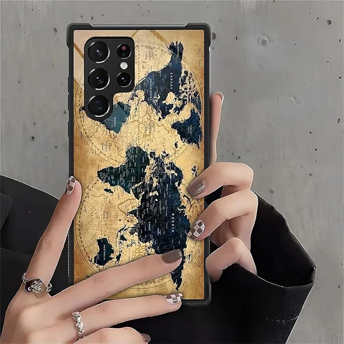 for Samsung Galaxy S22 Ultra Case, Brown World Map Pattern Graphic Design Girl Boy Soft Silicone Hard Acrylic Shock Protection for Samsung Galaxy S22 Ultra