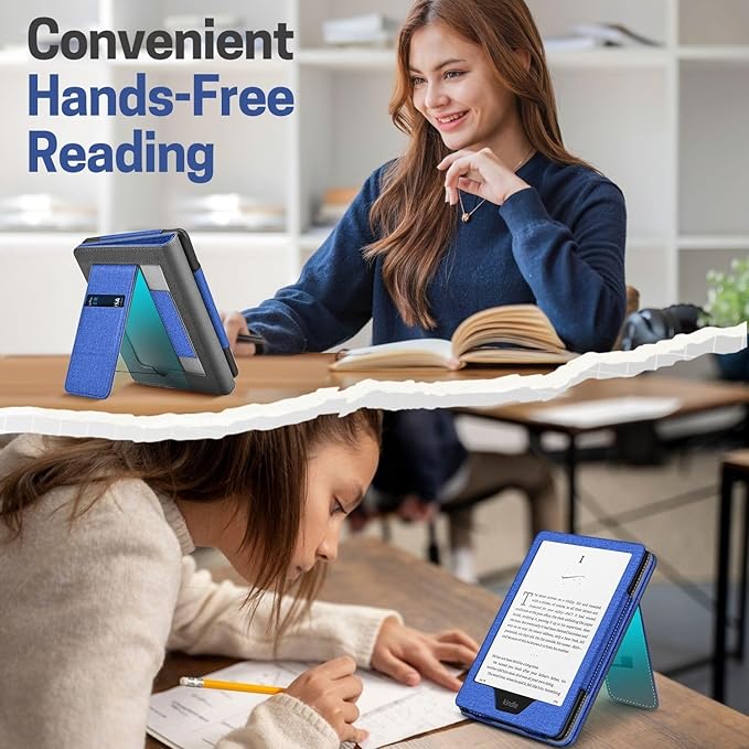 TNP Stand Case for Kindle Paperwhite 12th Generation 2024 / Kindle Colorsoft Signature Edition with Hand Strap & Card Slot - 7" PU Leather Protective Folio Cover with Auto Wake/Sleep, Blue