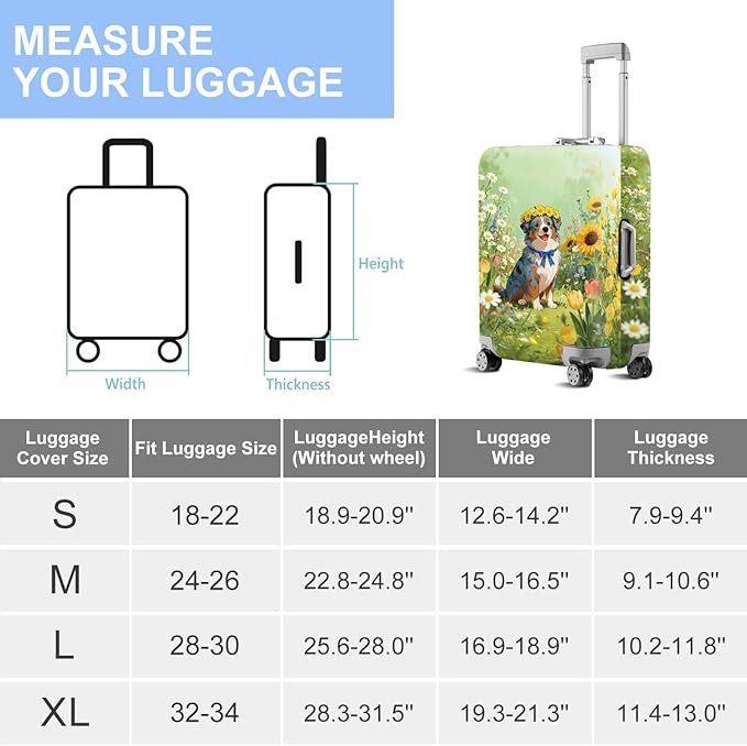 ANNA QUEEN Spring Cute Dog Travel Luggage Cover-Flower Stretchable Airplane Suitcase Protector Sleeve,Universal Washable Fit for 32-34 Inch Checked Baggage,Water Resistant Durable Luggage Protector
