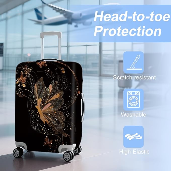 ANNA QUEEN Gold Butterfly Travel Luggage Cover -Stretchable Airplane Suitcase Protector Sleeve,Universal Washable Fit for 20-26 Inch Checked Baggage,Water Resistant Durable Luggage Protector