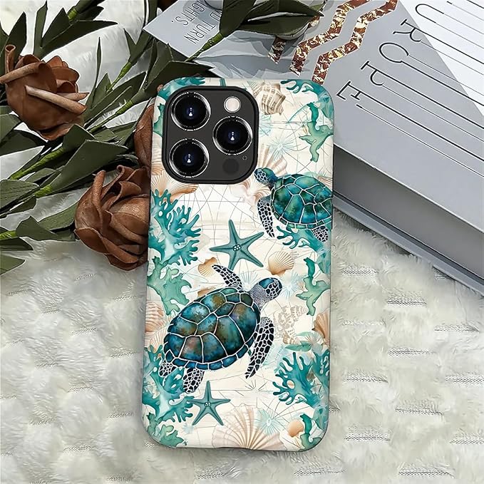 for iPhone 16 Pro Max Case,HH2 Ocean Sea Turtle Nautical Map Hybrid 2 Layer Hard Shell Silicone Protective Pattern Design Case