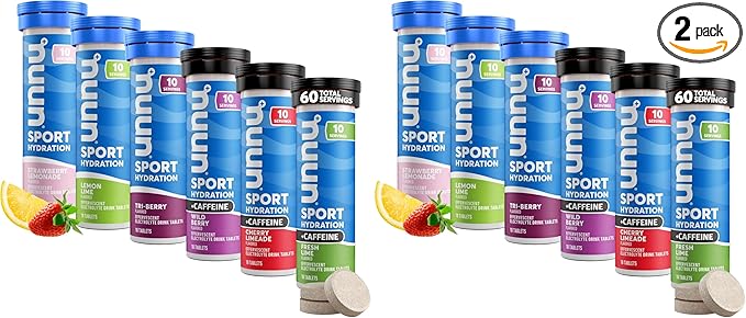 Nuun Sport + Caffeine Electrolyte Tablets – Dissolvable in Water,Variety Packs, 5 Essential Electrolytes for Hydration, 1g Sugar Drink Mix, Vegan,Non-GMO, (60 Total Servings),6 Count (Pack of 2)