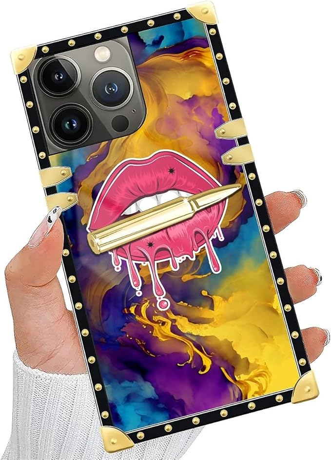 Compatible with iPhone 15 Pro Case, Cool Corlorful Lip Marble Luxury Golden Decoration for Girl Women Soft TPU Shockproof Protective Hard PC Back for iPhone 15 Pro