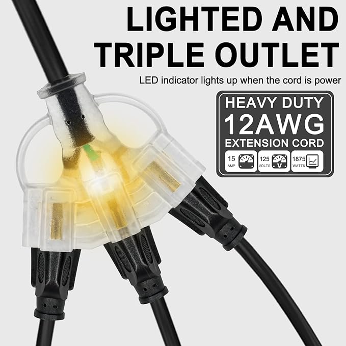 6FT 12/3 Outdoor Extension Cord with Multiple Outlets 12 Gauge 3 Outlet Heavy Duty Power Cord Splitter Flexible 3 Way Power Cable Waterproof with Light Indicator 12AWG 15A 1875W SJTW,ETL Listed