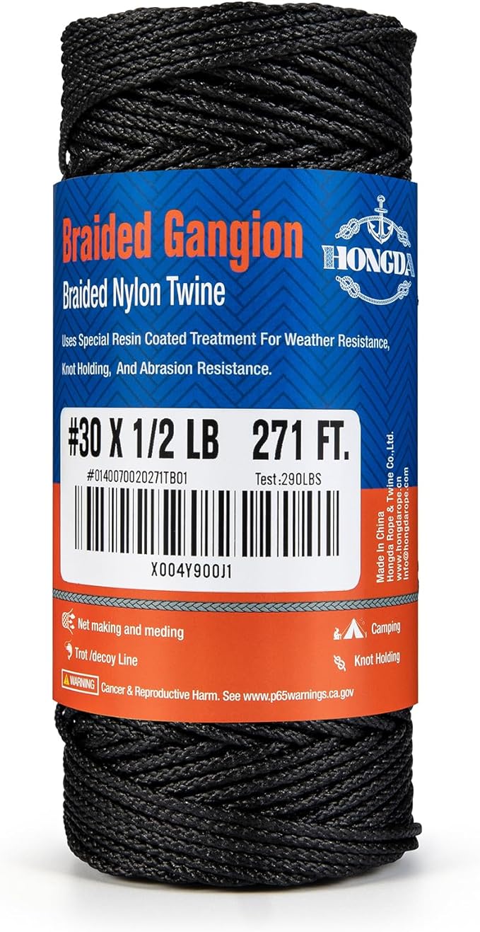 HONGDA Braided Black Nylon String, #30 Tarred Bank Line Twine, 271 Feet Black Tarred String for Gardening, Construction, Gear Tying, Jungle Survival