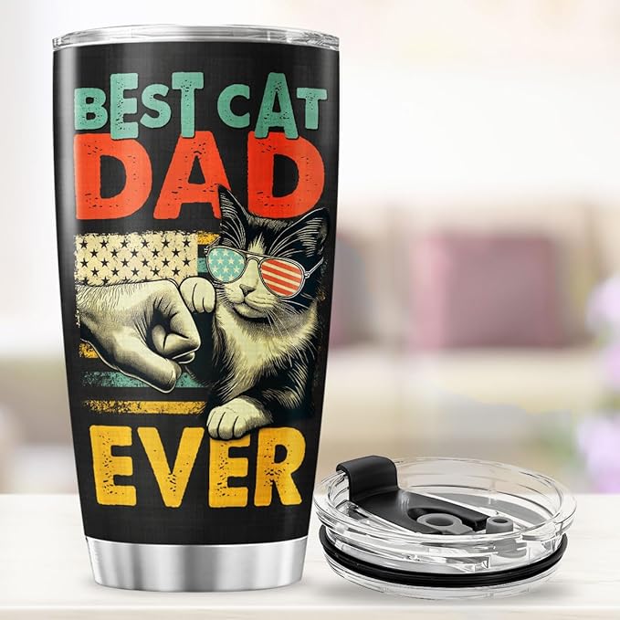 Best Cat Dad Ever 20oz Tumbler, Funny Fist Bump Design, Insulated Stainless Steel Travel Mug for Lovers, Ideal Birthday or Father's Day Gift