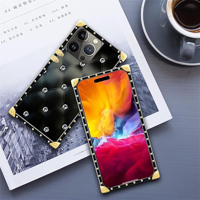 Compatible with iPhone 15 Pro Max Case, Shiny Black Sofa Crystal Luxury Golden Decoration for Girl Women Soft TPU Shockproof Protective Hard PC Back for iPhone 15 Pro Max