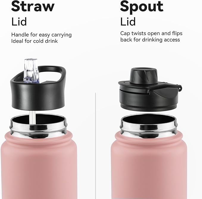24oz Insulated Water Bottle with Straw Lid, Stainless Steel Metal Water Bottle with Straw & Wide Mouth Lid, Double Wall Vacuum Water Bottle for Hiking Camping, Pink 1 Pack
