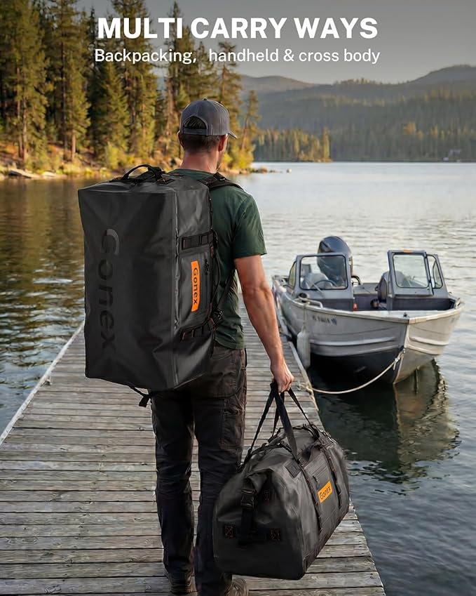 Gonex Waterproof Duffel Bag, 150L Heavy Duty Dry Duffle Bag with Reinforced Thickened Bottom, 3-in-1 Convertible Large Travel Backpack for Kayaking, Motorcycle, Camping & Boating, Black