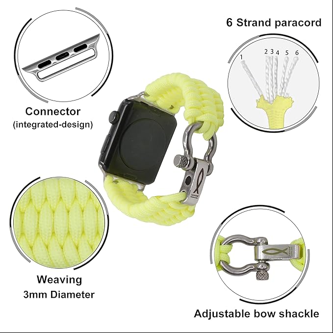 Savior Survival Gear Apple Watch Band 38mm Replacement Survival Paracord Watch Band with Stainless Steel Adjustable Shackle (550 Paracord, Large) (Glow in the Dark Yellow)