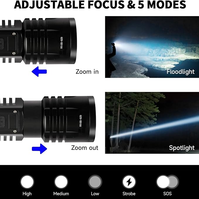 Rechargeable LED Flashlights High Lumens,10000mAh High Powered Waterproof Brightest Flashlight Zoomable Spotlight Flashlight