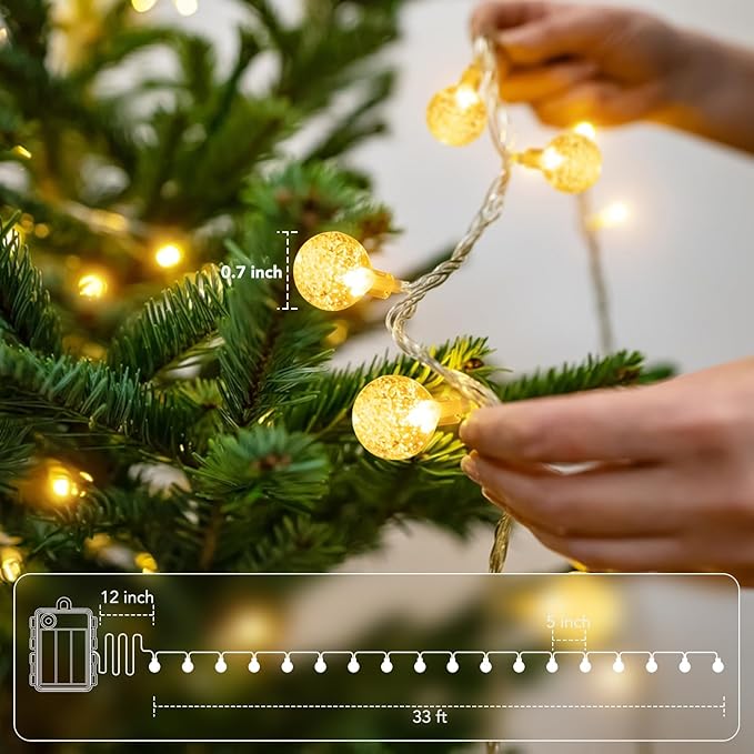 Metaku Globe Fairy Lights Battery Operated 33ft 80LED String Lights with Remote Waterproof Indoor Outdoor Hanging Decorative Christmas Lights for Home Party Patio Garden Wedding
