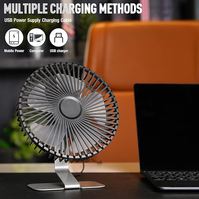 SLENPET 6 inch USB Small Desk Fan, 4 Speeds, Ultra-quiet, 90° Adjustment for Better Cooling, Portable Mini Powerful Desktop Table Fan, Mini Personal Fan for Home Office, Metal Base, Silver