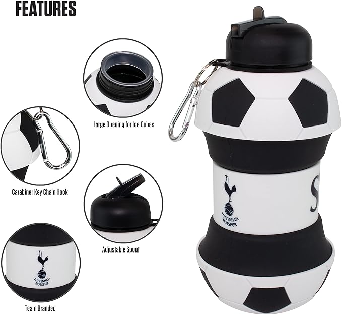Maccabi ART Tottenham Clip-On Collapsible 1 Liter, 34 oz. size BPA-Free Silicone Soccert Large Water Bottle