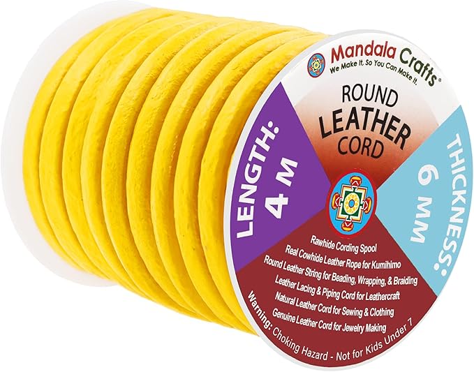 Mandala Crafts Round Genuine Yellow Leather Cord for Jewelry Making – 6mm Cowhide Leather Rope String Lace for Kumihimo – 4.4 Yards Cowhide Craft Cording Spool