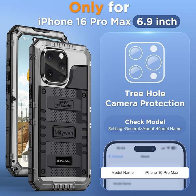 Mitywah Waterproof Case for iPhone 16 Pro Max, Heavy Duty Metal Cover with Built-in Screen Protector, Military Grade Full Body Shockproof Rugged Protective Phone Case 6.9 inch, Silver