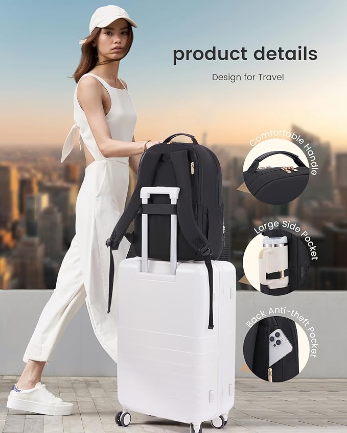 LOVEVOOK Laptop Backpack for Women with Leather Trim & Tumbler Pockets, 17.3" Work Backpack Purse, Travel Personal Item Bag, Carry On Business Computer Bag for Office, School, or Gift, Black