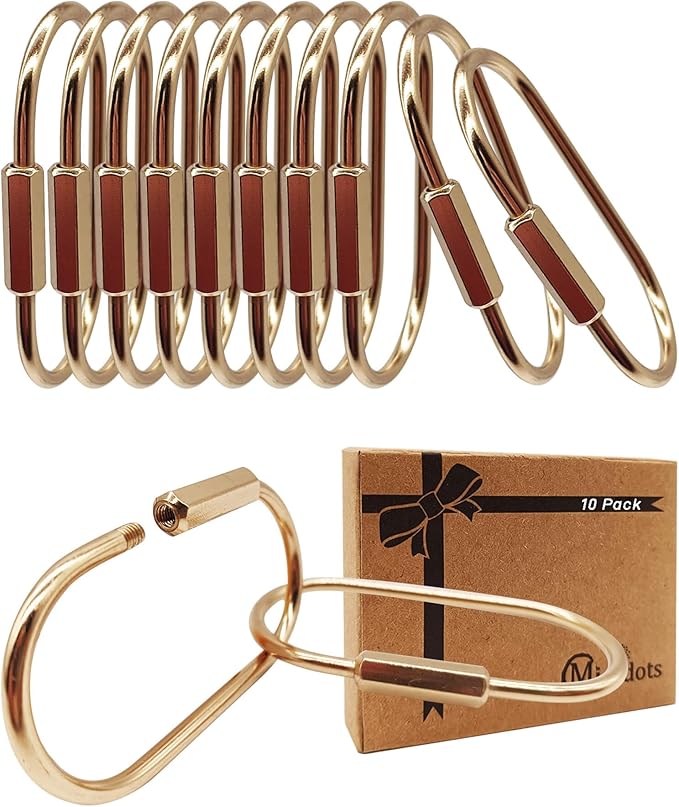 Brass Gold Carabiner Clip for Keys - Loose Leaf Binder Rings, Screw Lock Keychain and Carabiner Clip with Lock for Backpacks, Luggage Tags, Pet Collar Clips and Outdoor Accessories, 10 Packs