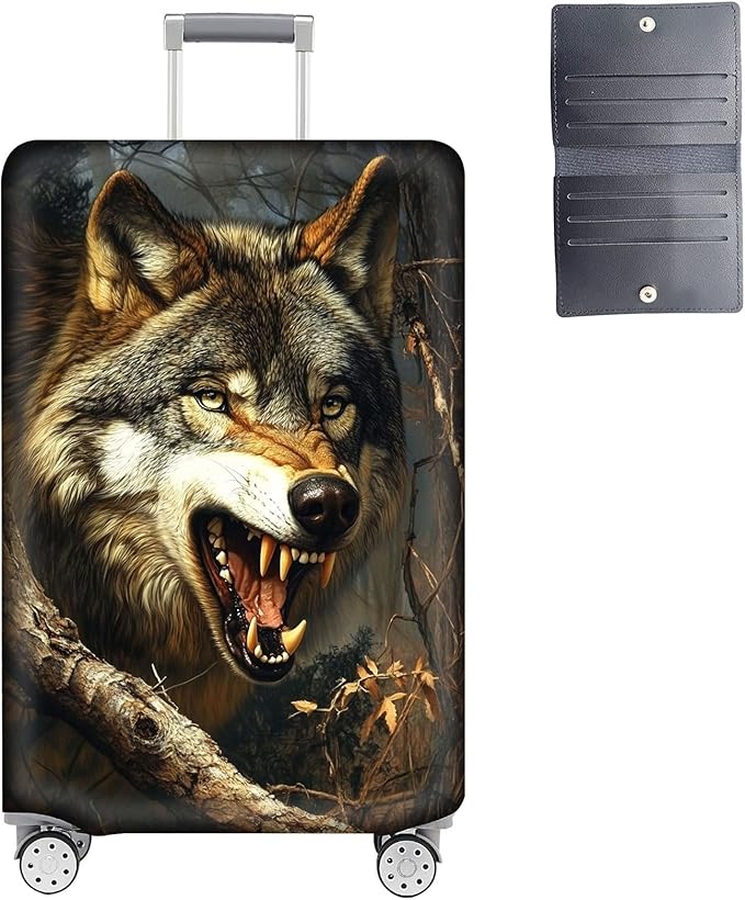 Luggage Cover Protector for 26-28 Inch Suitcases, TSA Approved Elastic Travel Suitcase Covers, Anti-Scratch Washable Luggage Sleeve for Carry On & Checked Bags, Fierce Wolf