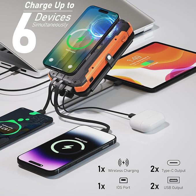 Solar Power Bank 20000mAh Portable Charger Built-in 3 Cables and Wireless Charging Battery Pack Compatible for iPhone, IPX5 Waterproof, Bright Flashlight Perfect for Camping, Hiking, Outdoor