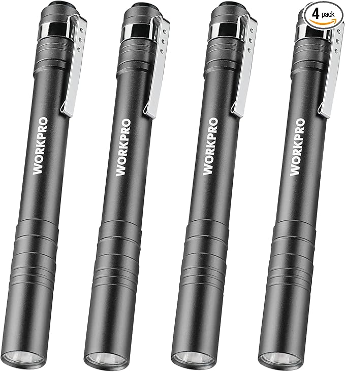 WORKPRO LED Pen Light, Aluminum Pen Flashlights, Pocket Flashlight with Clip for Inspection, Emergency, Everyday, 2AAA Batteries Include, Gray(4-Pack)