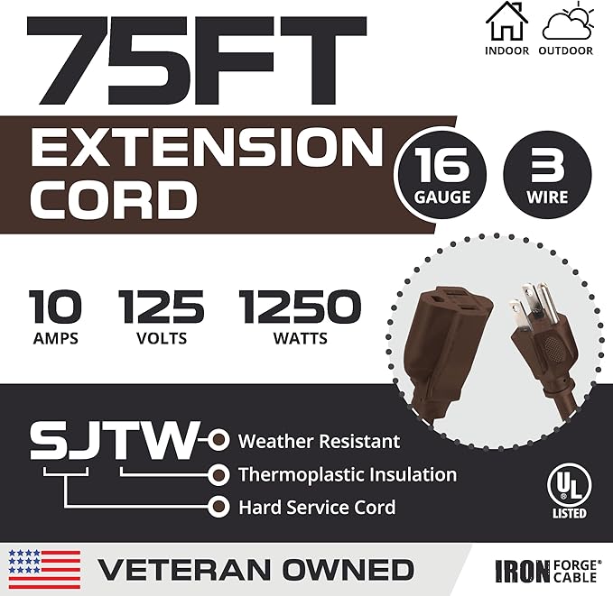 Iron Forge Cable Outdoor Brown Extension Cord 75 ft - 16 Gauge 10 Amp Heavy Duty Brown Outdoor Extension Cords 3 Prong - 16/3 SJTW Great for Outdoor