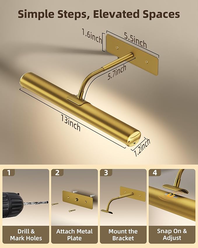 EZVALO Wireless Picture Light for Wall, 13 Inch 4000mAh Rechargeable Battery Painting Light with Remote, 3 Color Temps Dimmable Gold LED Art Light for Gallery, Living Room, Hallway