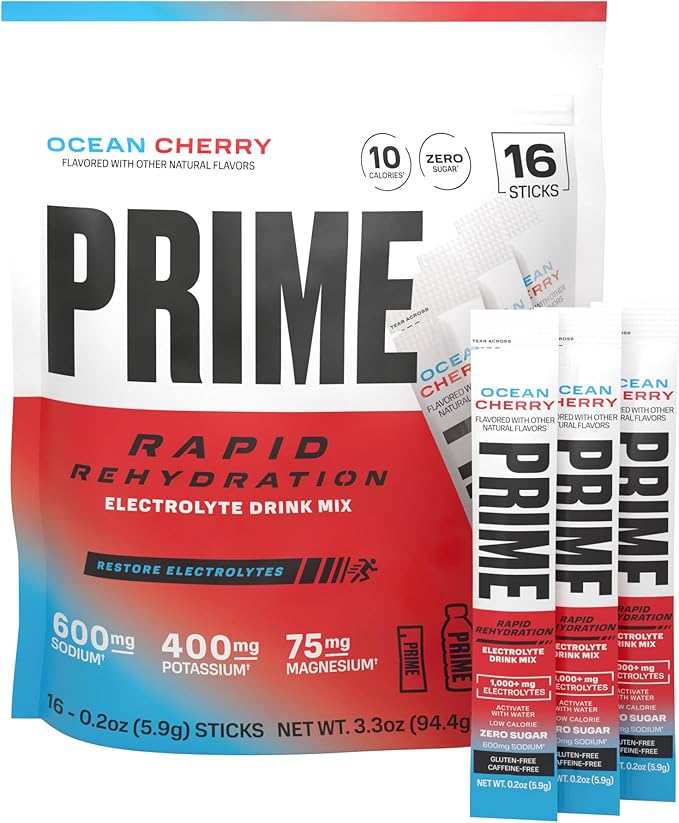Prime Rapid Rehydration Electrolyte Powder Sticks, Ocean Cherry, Sugar Free Hydration Drink Mix with Sodium, Potassium, Magnesium & B Vitamins to Replenish Fluids, Caffeine Free, 16 Count