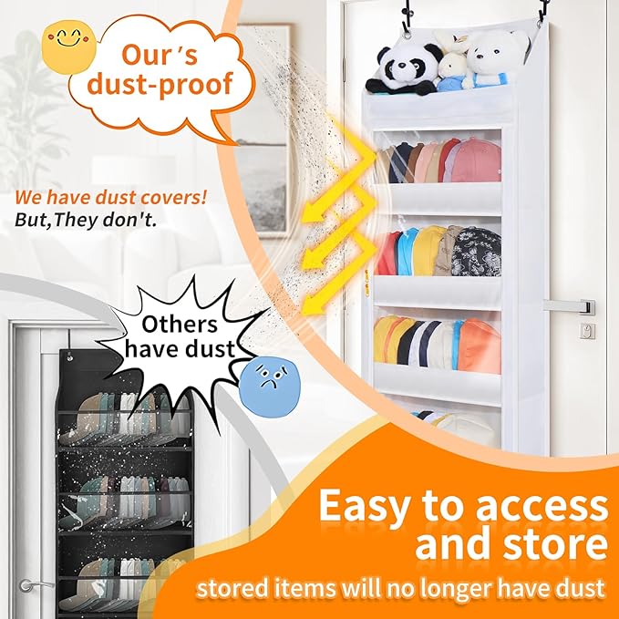 Toread 7-Layer Door-Mounted Baseball Cap Organizer, Dust-Proof Hat Rack Holds 90 Hats, Adjustable Non-Slip Hooks, Multi-Purpose Organizer for Nursery, Bathroom, Bedroom - Patented Design