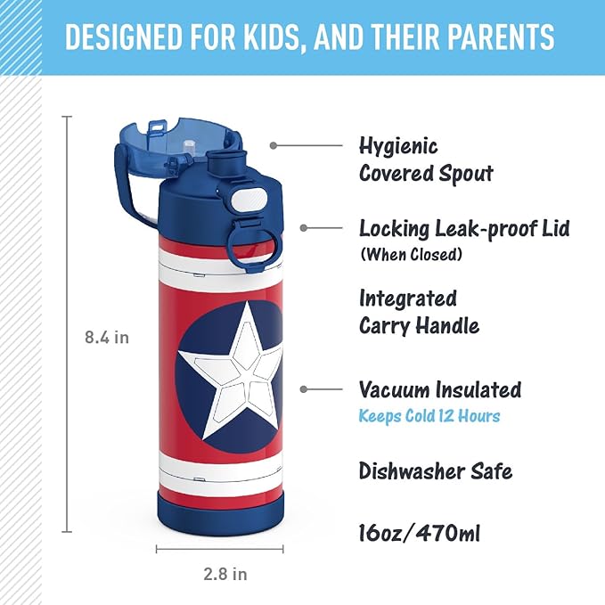 THERMOS FUNTAINER 16 Ounce Stainless Steel Vacuum Insulated Bottle with Wide Spout Lid, Captain America: Brave New World Movie