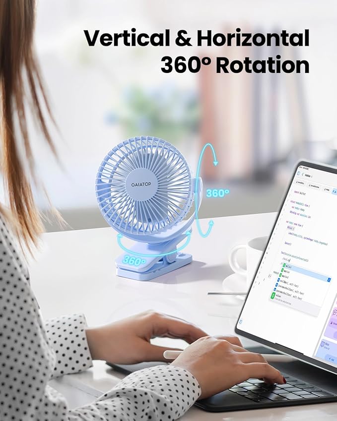 Gaiatop Portable Clip on Fan Battery Operated, Small Powerful 3 Speed Quiet 360° Rotate, USB Rechargeable Mini Personal Cooling Fan for Desk Table Home Office Stroller Camping Women Gifts Light Blue