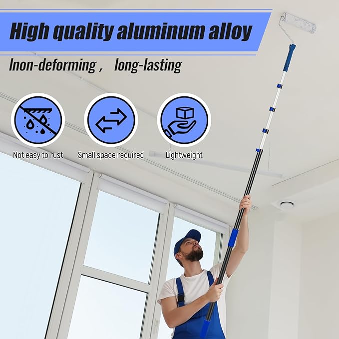 4.3-18ft Telescopic Extension Pole with Utility Hook, Multi-Purpose Aluminum Pole for Painting, Dusting and New Year Window Cleaning Christmas Lights Installation Without a Ladder(Blue)