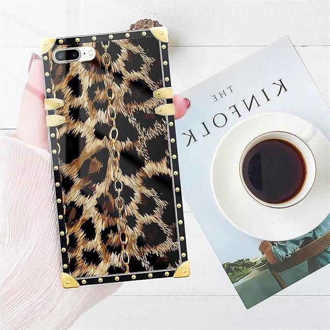 Compatible with iPhone 8 Plus 7 Plus Case, Seamless Gold Chain Leopard Luxury Golden Decoration for Girl Women Soft TPU Shockproof Protective Hard PC Back for iPhone 8 Plus 7 Plus