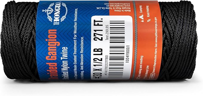 HONGDA Braided Black Nylon String, #30 Tarred Bank Line Twine, 271 Feet Black Tarred String for Gardening, Construction, Gear Tying, Jungle Survival