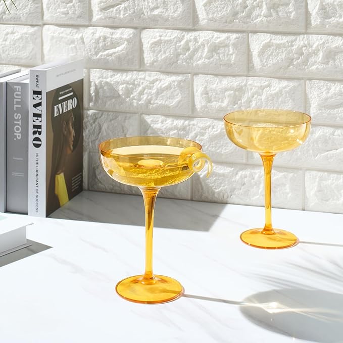 Acrylic Shatterproof Martini, Margarita, Champagne & Cocktail Unbreakable Glasses | Set of 2 | Large Plastic Coupe Glasses 15oz, Tritan Drinkware, BPA-free, Reusable, Pool, Indoor & Outdoor (Yellow)