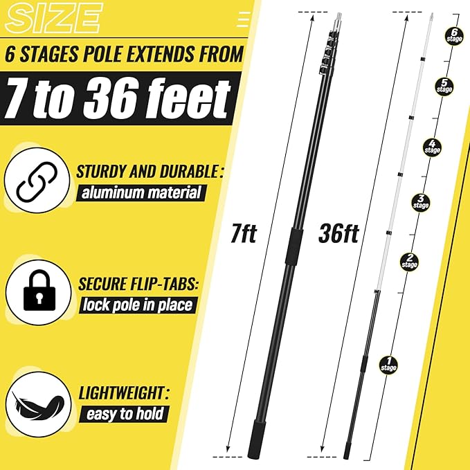 7-36 ft Telescopic Extension Pole with Utility Hook, Multi-Purpose Aluminum Pole for Painting, Dusting and New Year Window Cleaning Christmas Lights Installation Without a Ladder (Black)