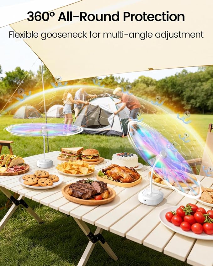 Edvision 4 Pack Food Table Fan, 2000mAh USB Powered Rechargeable Food Fan, Portable Fan with Flexible Goose-Neck and Soft Blades for BBQ, Patio, Party (White)