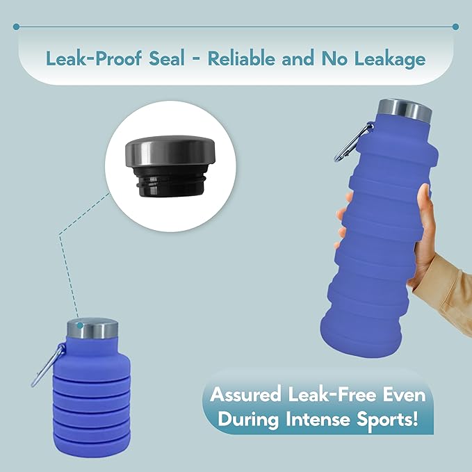 Collapsible Water Bottles 12oz, Odorless BPA-Free Silicone, Leak-Proof Foldable Reusable Bottle - Perfect for Travel Sports Gym Hiking Camping Cycling - Purple