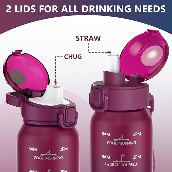 SLUXKE Insulated Water Bottle 32oz with 2Lids(Straw Lid & Spout Lid), 1L Double Walled Water Bottle with Time Marker, 1000ml Stainless Steel Metal Flask for Fitness, Gym and Outdoor RED BLACK
