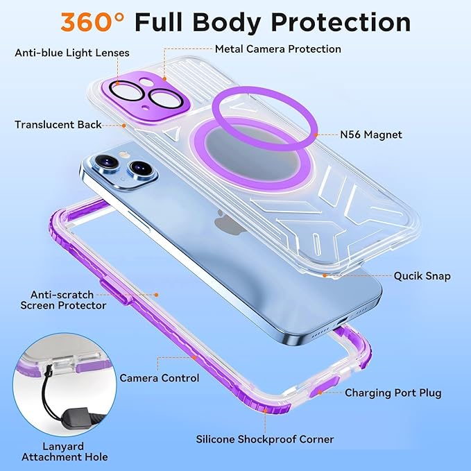 WIFORT for iPhone 15 Waterproof Case, [IP68 Underwater Dustproof][Built-in Screen][15FT Military Shockproof], 360 Full Body Sealed Protection Cover Magnetic Frosted Phone Case, 6.1" Purple