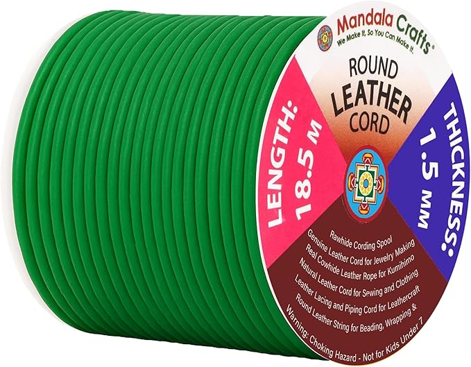 Mandala Crafts Round Genuine Green Leather Cord for Jewelry Making – 1.5mm Cowhide Leather Rope String Lace for Kumihimo – 20 Yards Cowhide Craft Cording Spool