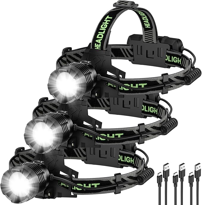 Rechargeable Headlamp 3 Pack, 99,000 Lumens Super Bright Head Lamp with 3 Modes, 90° Adjustable LED Head Light for Forehead, IPX6 Waterproof Headlamps for Adults,Camping,Hiking